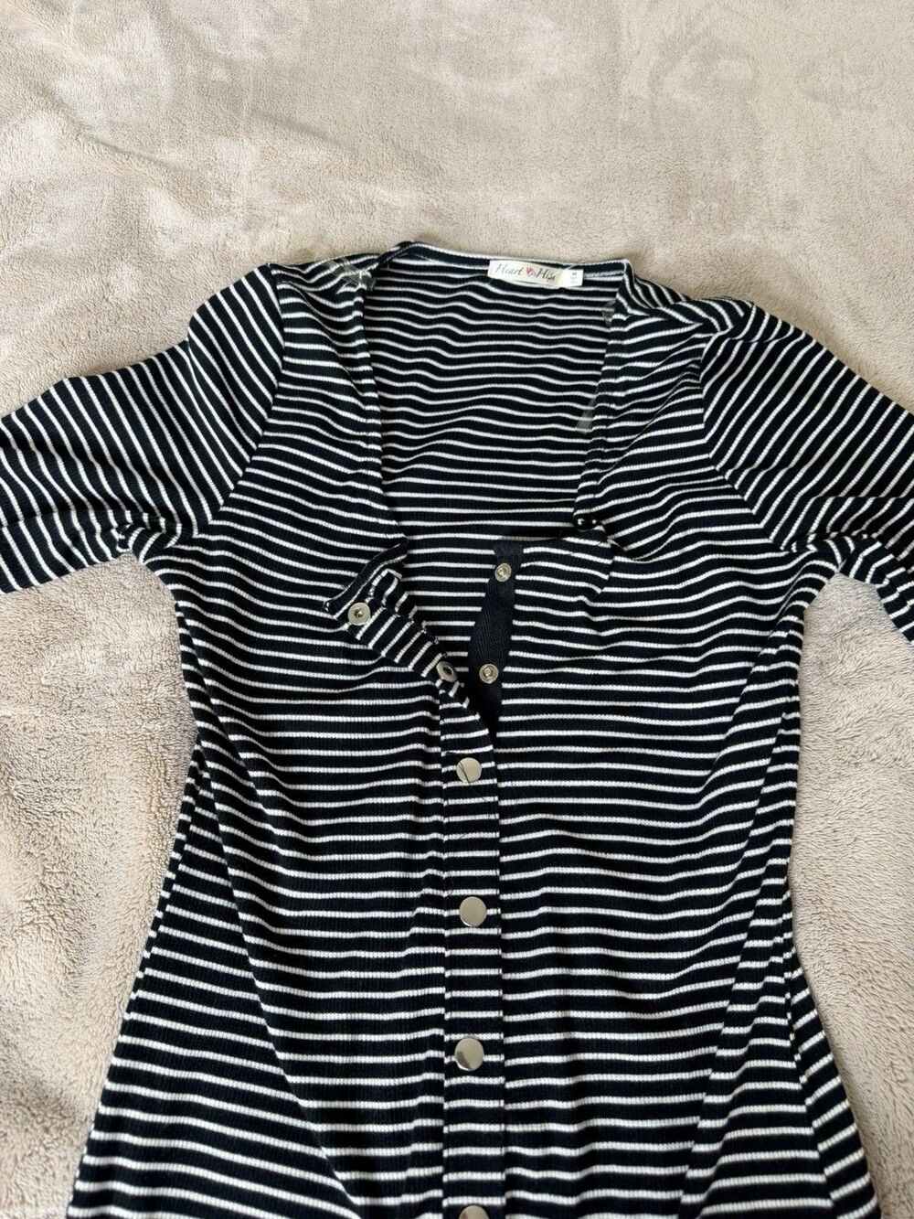 Heart HipsBlack White Striped Midi Dress Women M Stretch Bodycon Button Front - Picture 5 of 11